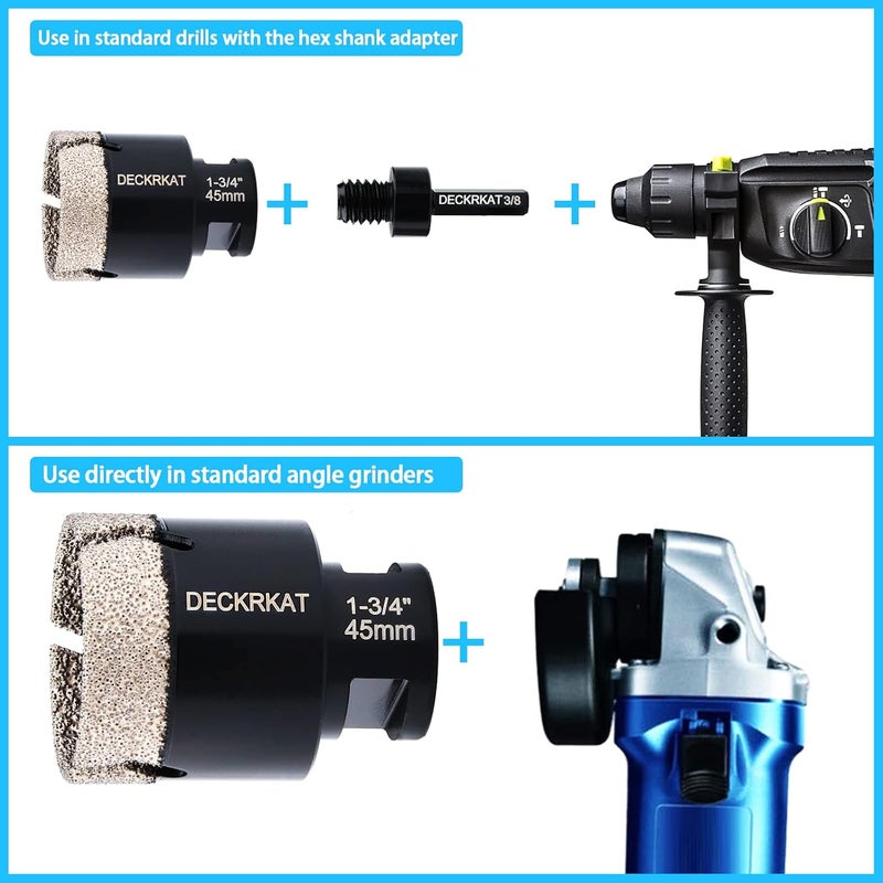 DECKRKAT Diamond Hole Saw, 1-3/4" Hole Saw for Tiles Granite Marble Ceramic Glass Porcelain, 45mm Core Drill Bit with 5/8-11 Thread and 3/8” Hex Shank Adapter for Angle Grinders & Drills - Image 4